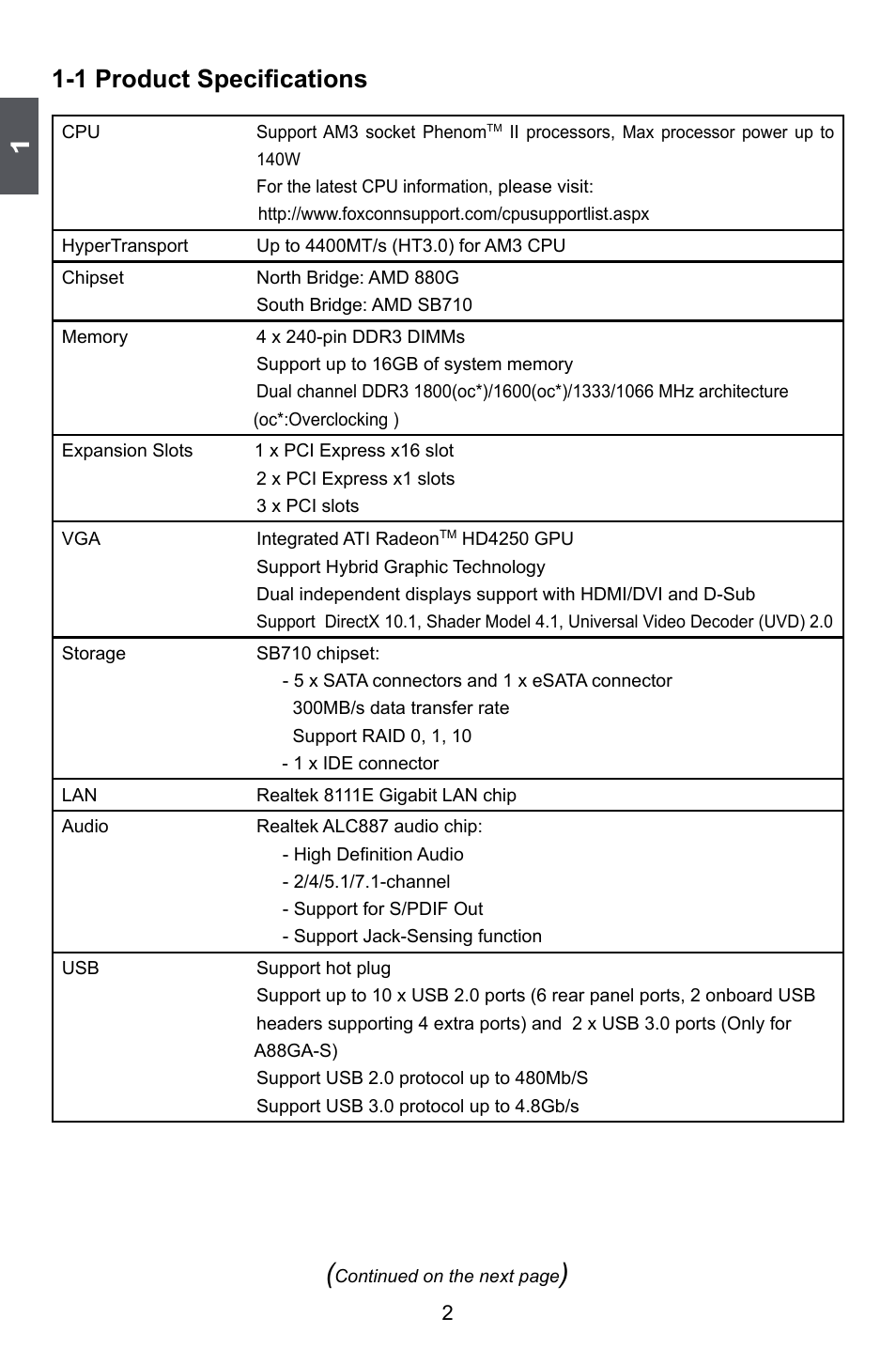 1 product specifications | Foxconn A88GA User Manual | Page 9 / 54