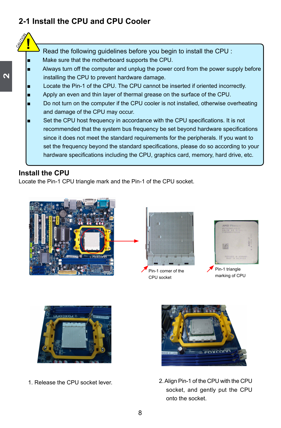 1 install the cpu and cpu cooler, Install the cpu | Foxconn A88GML User Manual | Page 15 / 101