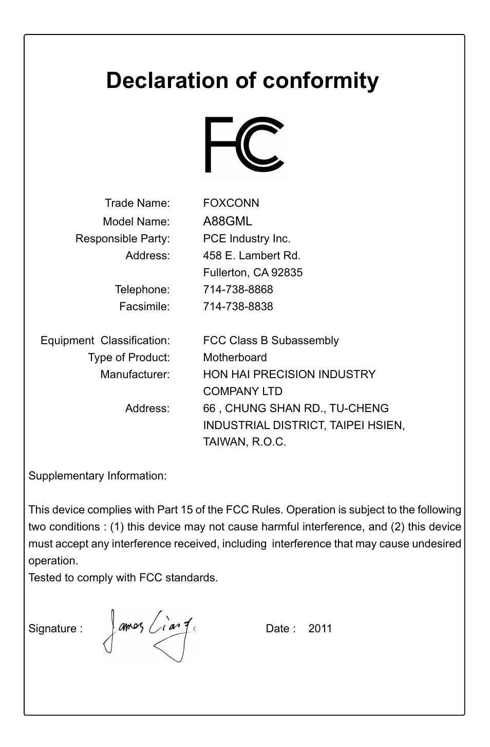 Declaration of conformity | Foxconn A88GML User Manual | Page 4 / 101