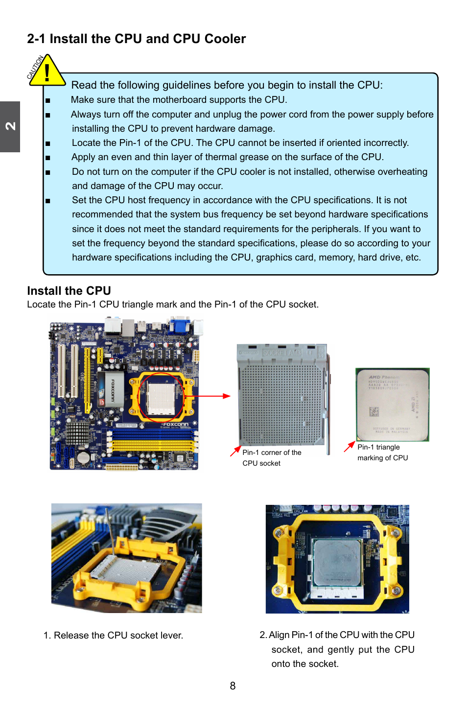 1 install the cpu and cpu cooler, Install the cpu | Foxconn A88GMV User Manual | Page 15 / 57