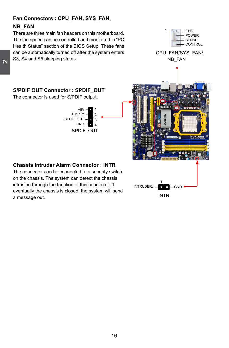 16 fan connectors : cpu_fan, sys_fan, nb_fan, S/pdif out connector : spdif_out, Chassis intruder alarm connector : intr | Foxconn A88GMV User Manual | Page 23 / 57