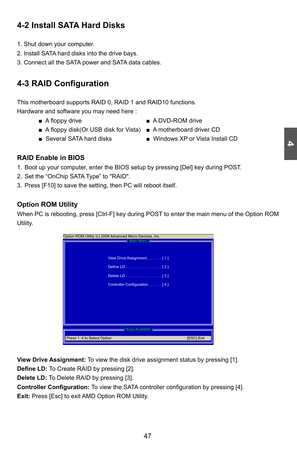 2 install sata hard disks, 3 raid configuration, Raid enable in bios | Option rom utility | Foxconn A88GMV User Manual | Page 54 / 57