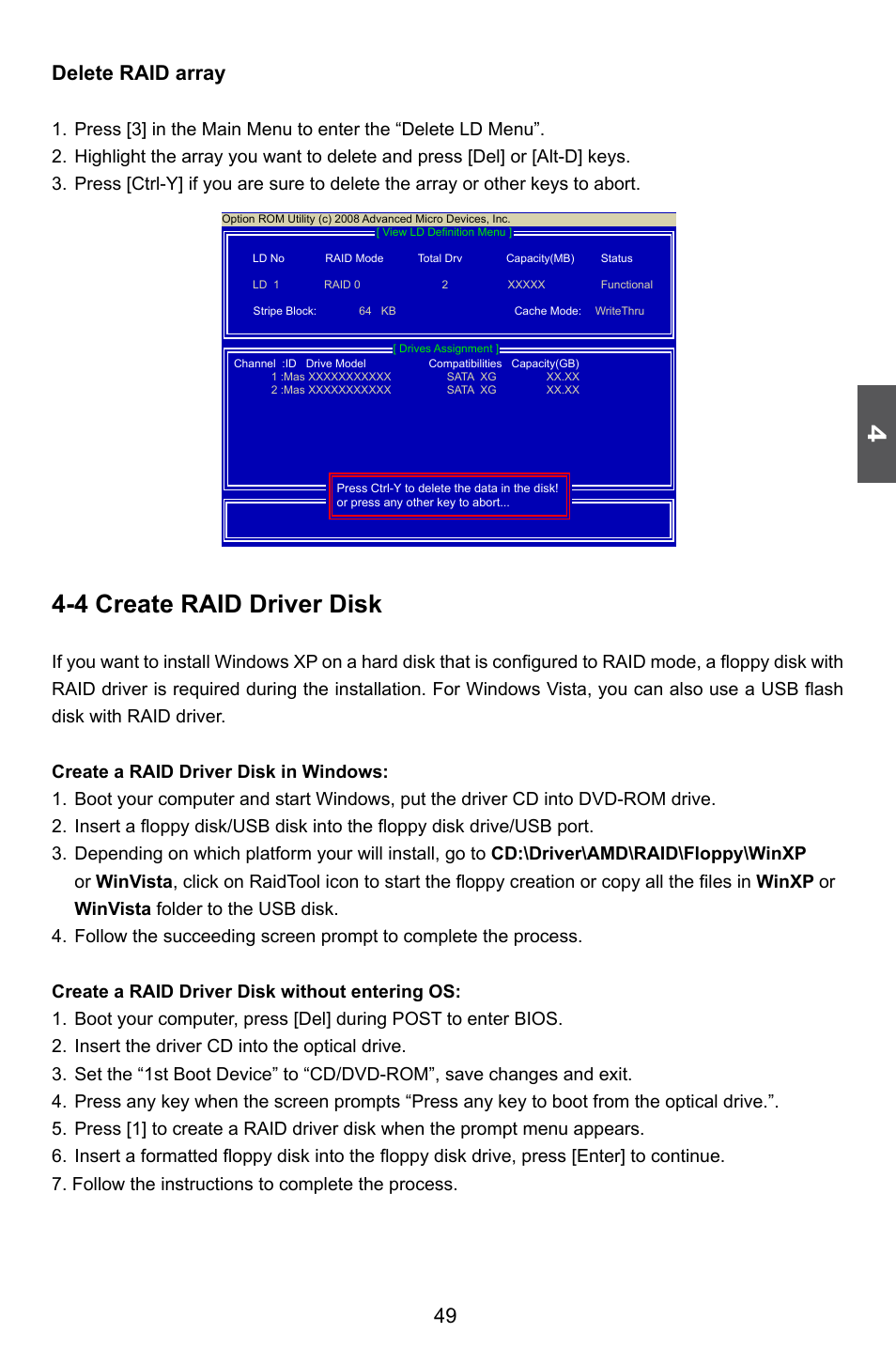 4 create raid driver disk, 49 delete raid array | Foxconn A88GMV User Manual | Page 56 / 57