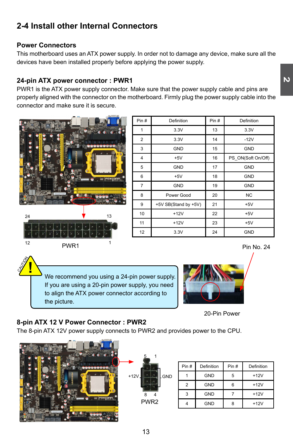 4 install other internal connectors, Power connectors, Pin atx power connector : pwr1 | Pin atx 12 v power connector : pwr2, Pin power pin no. 24, Pwr1, Pwr2 | Foxconn A9DA User Manual | Page 20 / 115