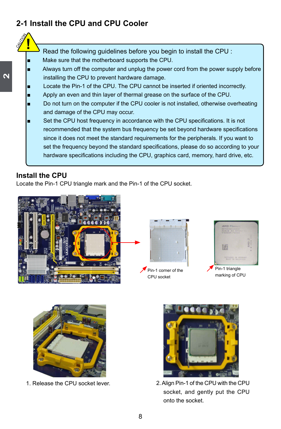 1 install the cpu and cpu cooler, Install the cpu | Foxconn M61PML User Manual | Page 15 / 101
