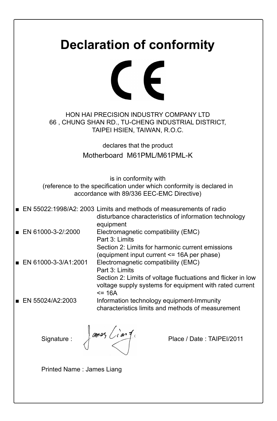 Declaration of conformity | Foxconn M61PML User Manual | Page 3 / 101