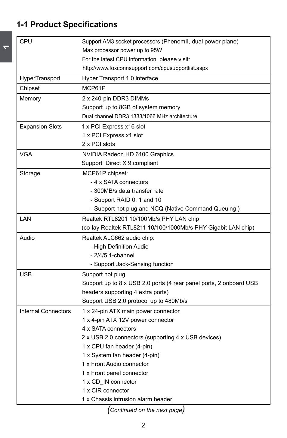 1 product specifications | Foxconn M61PML User Manual | Page 9 / 101