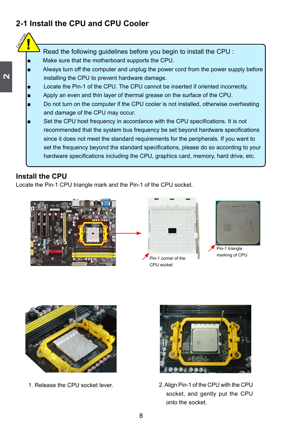 1 install the cpu and cpu cooler, Install the cpu | Foxconn A55A User Manual | Page 15 / 103