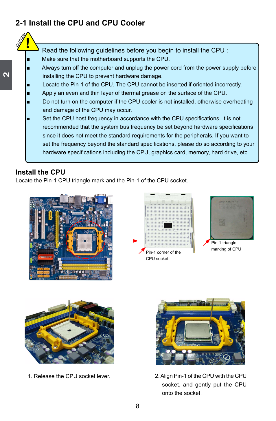 1 install the cpu and cpu cooler, Install the cpu | Foxconn A55M User Manual | Page 15 / 104