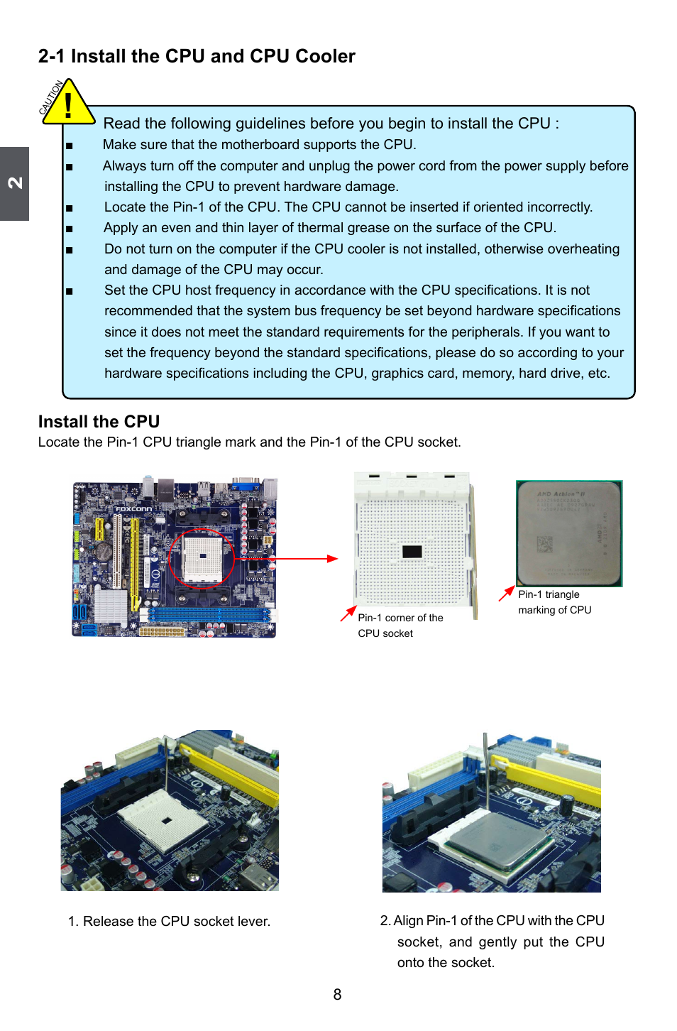 1 install the cpu and cpu cooler, Install the cpu | Foxconn A55MX User Manual | Page 15 / 102