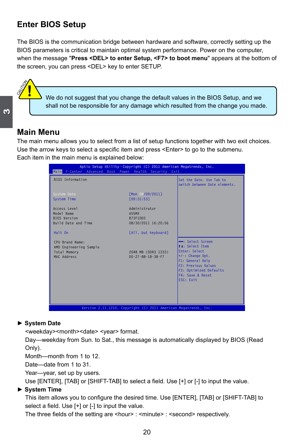 Enter bios setup, Main menu | Foxconn A55MX User Manual | Page 27 / 102