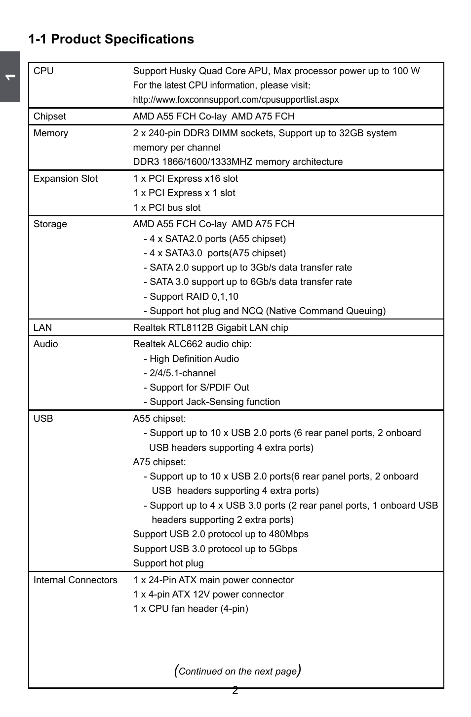 1 product specifications | Foxconn A55MX User Manual | Page 9 / 102
