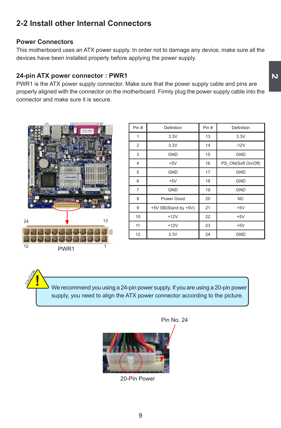 2 install other internal connectors, Power connectors, Pin atx power connector : pwr1 | Pwr1, Pin power pin no. 24 | Foxconn 45CSX User Manual | Page 16 / 65