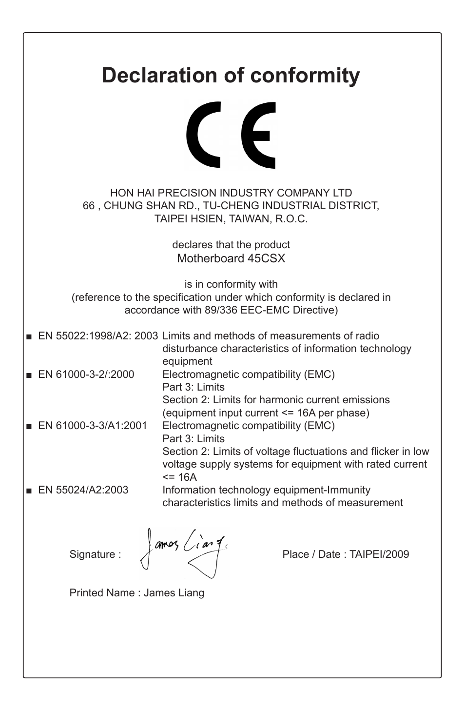Declaration of conformity | Foxconn 45CSX User Manual | Page 3 / 65