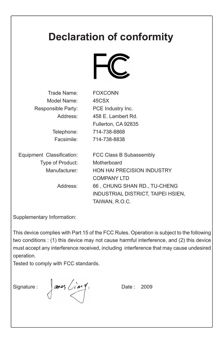 Declaration of conformity | Foxconn 45CSX User Manual | Page 4 / 65