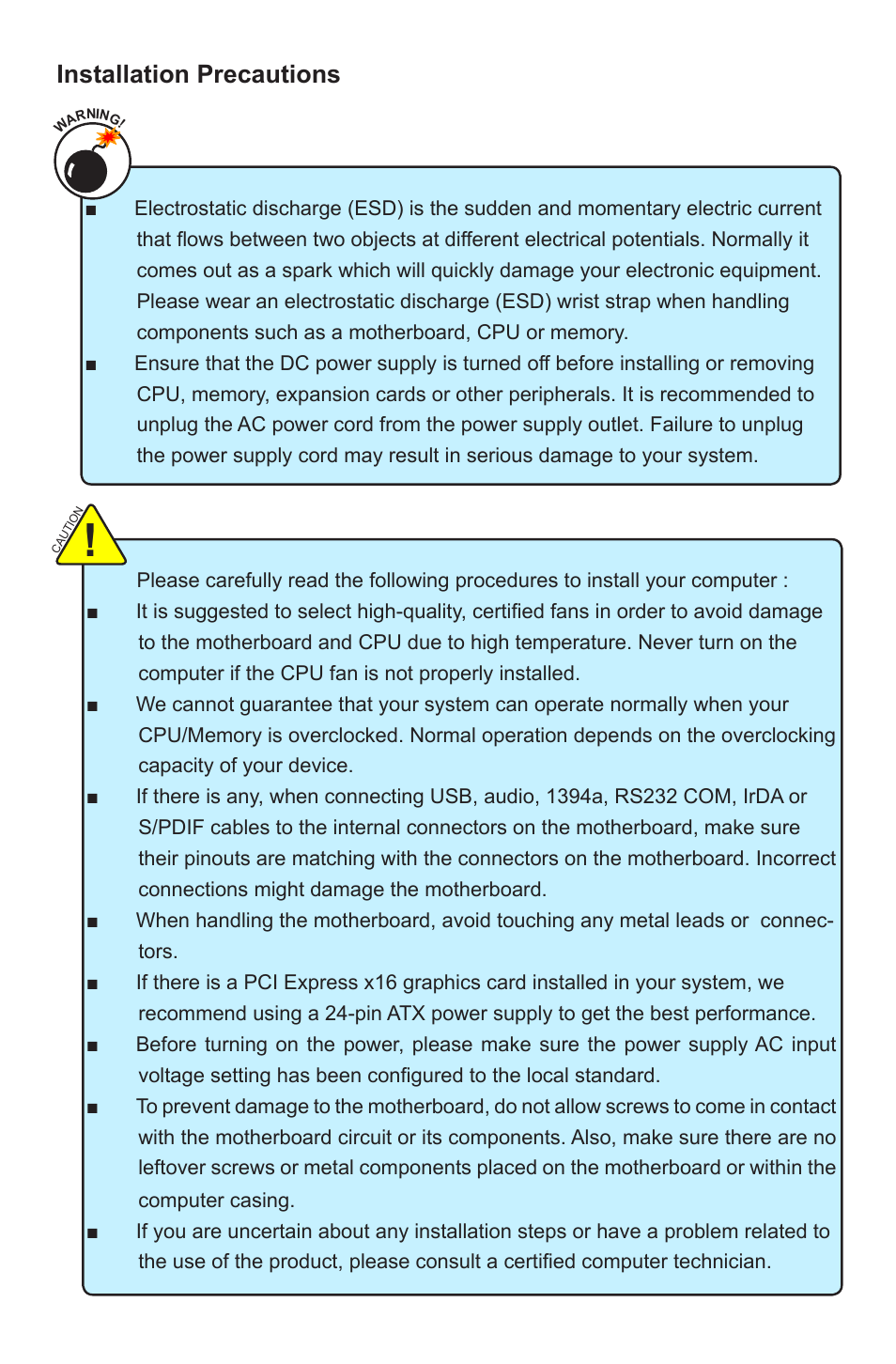 Installation precautions | Foxconn 45CSX User Manual | Page 5 / 65