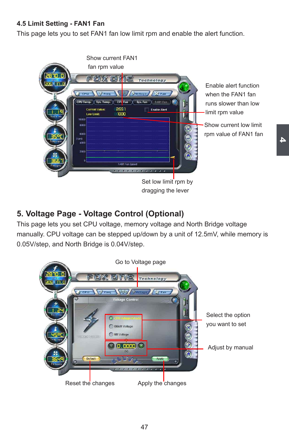 Voltage page - voltage control (optional) | Foxconn 45CSX User Manual | Page 54 / 65