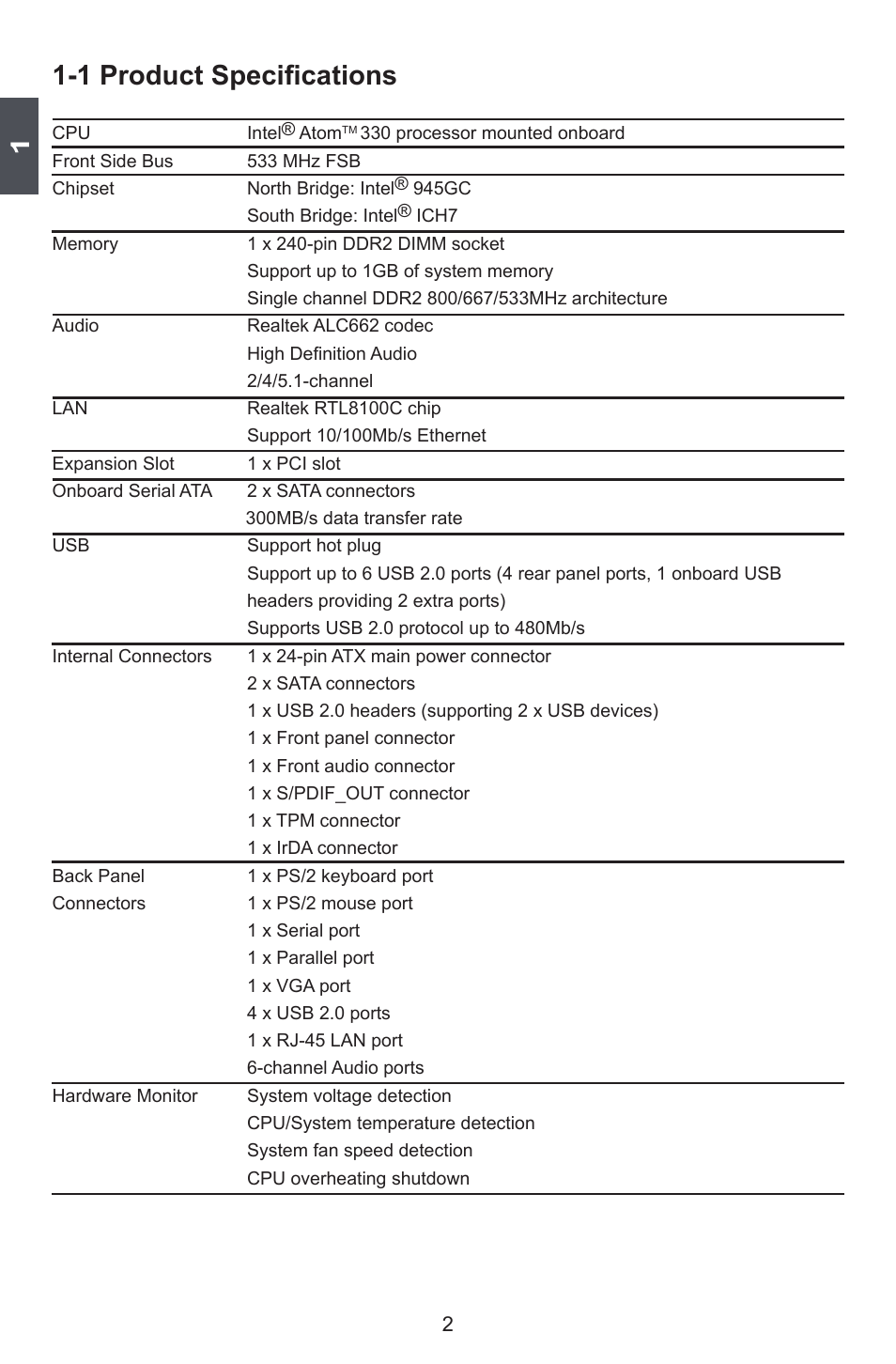 1 product specifications | Foxconn 45CSX User Manual | Page 9 / 65