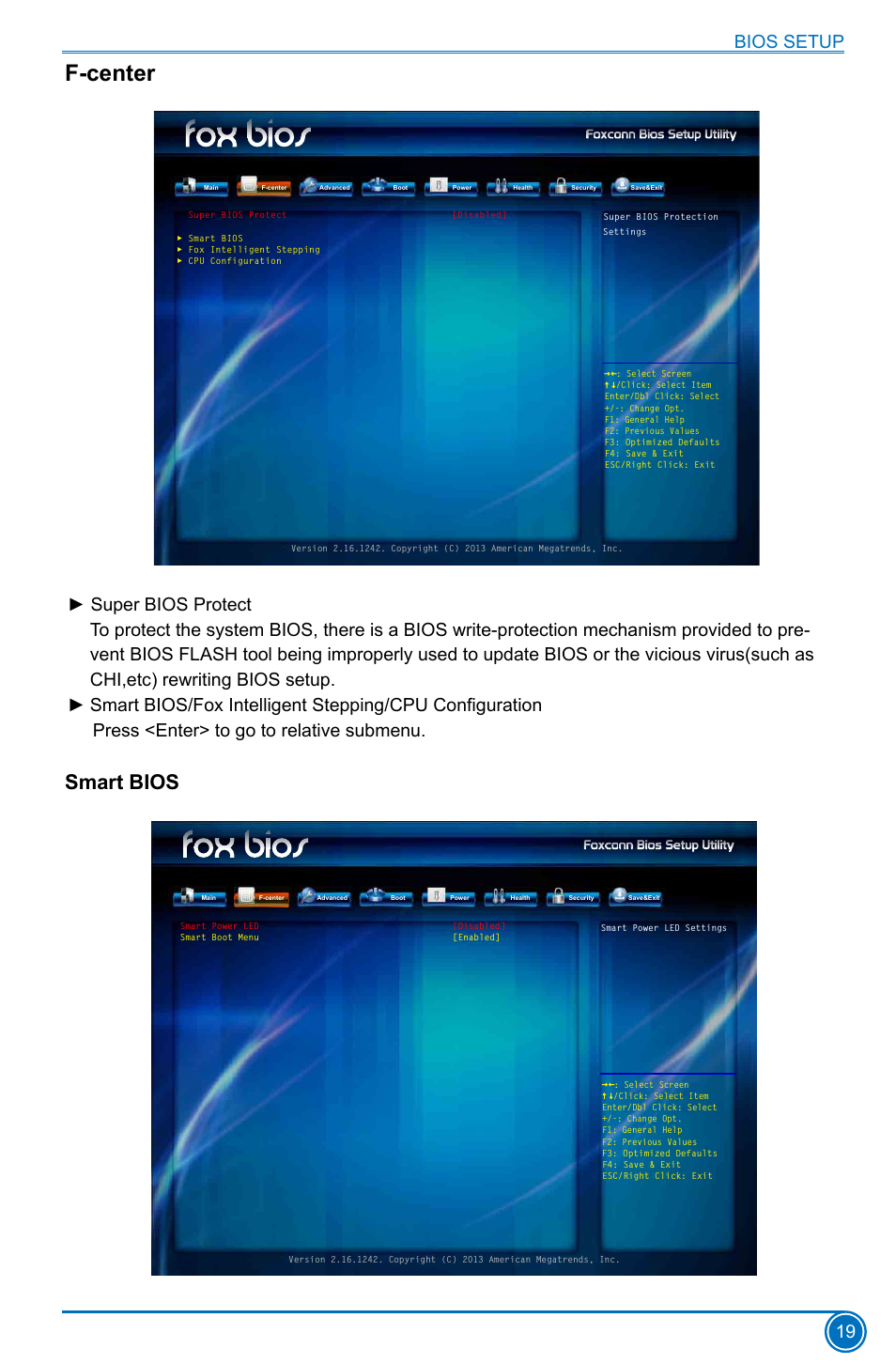 F-center, Smart bios, Bios setup 19 | Foxconn D180S User Manual | Page 26 / 65