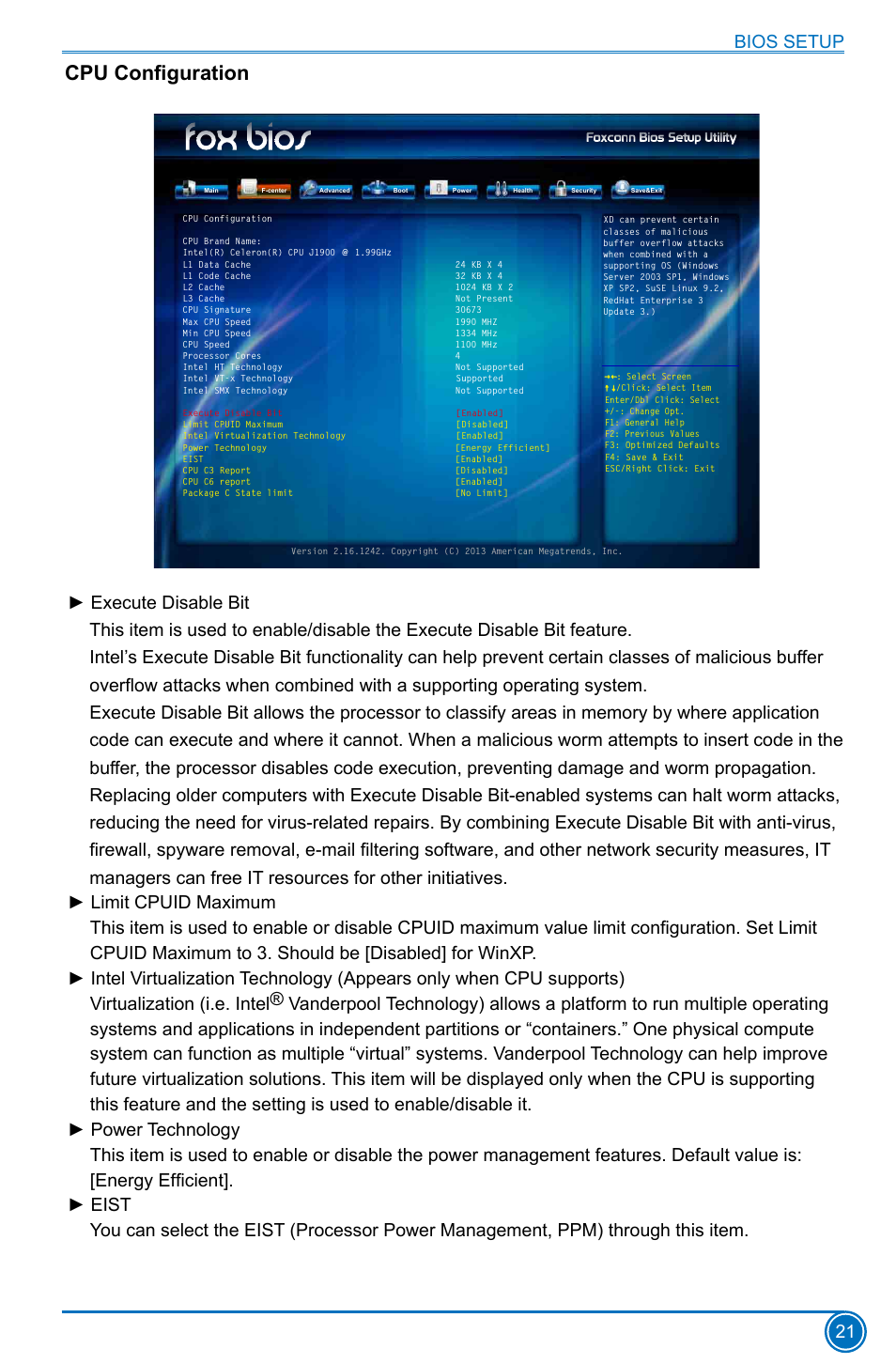 Cpu configuration, Bios setup 21 | Foxconn D180S User Manual | Page 28 / 65