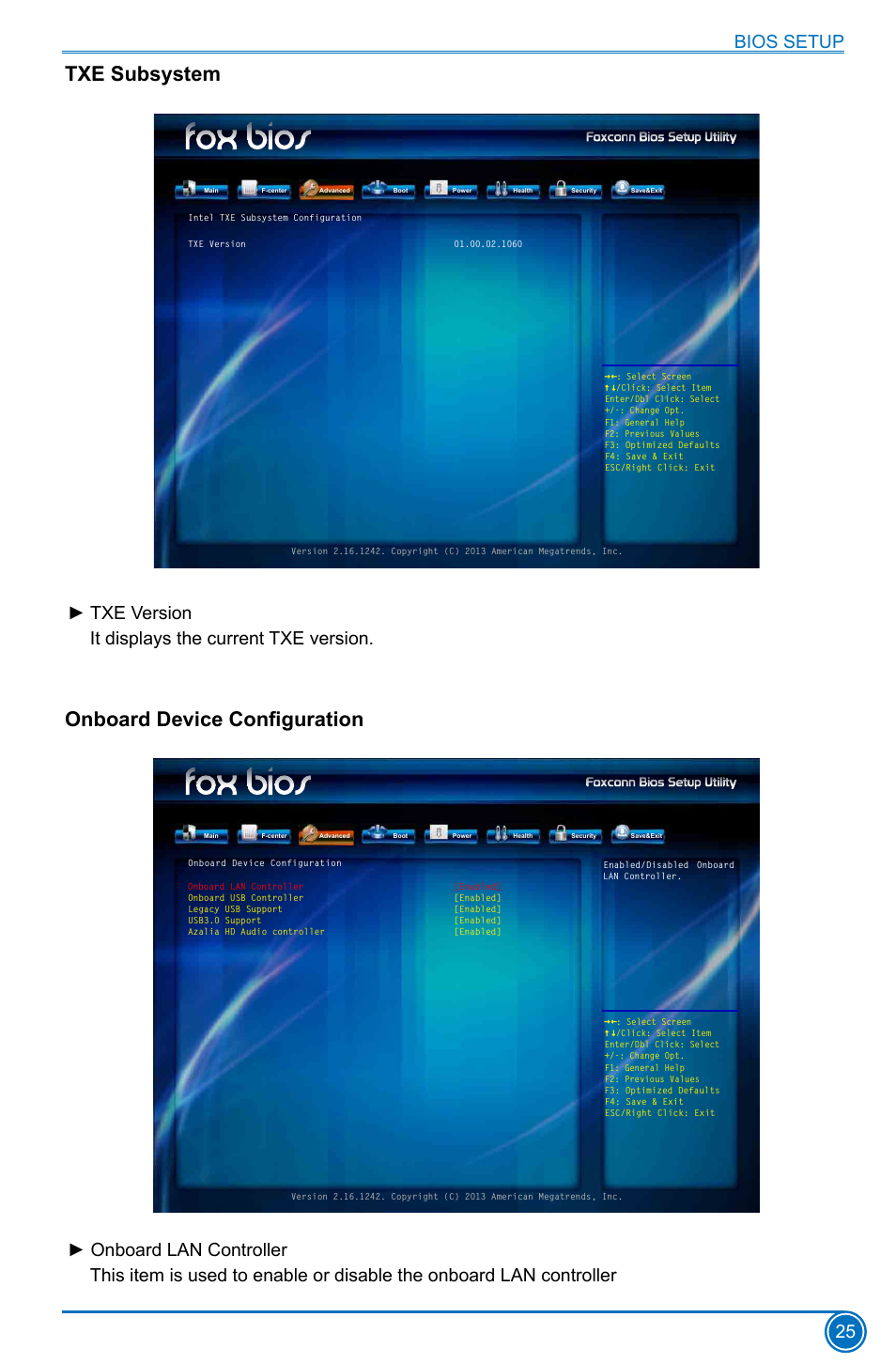 Txe subsystem, Onboard device configuration, Txe subsystem onboard device configuration | Bios setup 25, Txe version it displays the current txe version | Foxconn D180S User Manual | Page 32 / 65