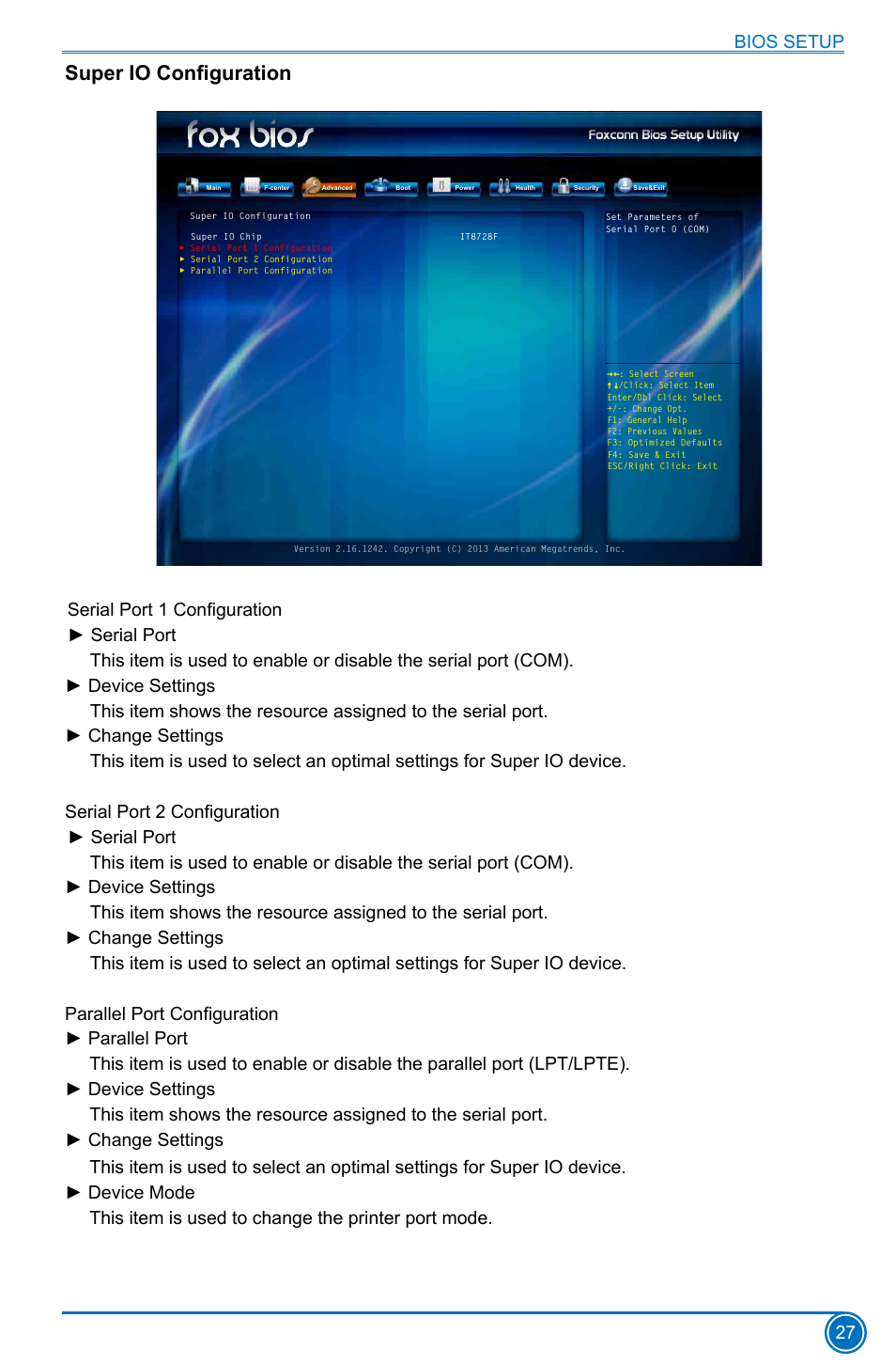 Super io configuration, Bios setup 27 | Foxconn D180S User Manual | Page 34 / 65