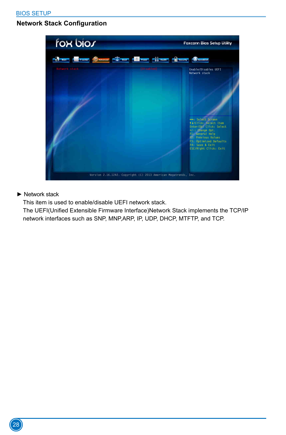 Network stack configuration, Bios setup 28 | Foxconn D180S User Manual | Page 35 / 65