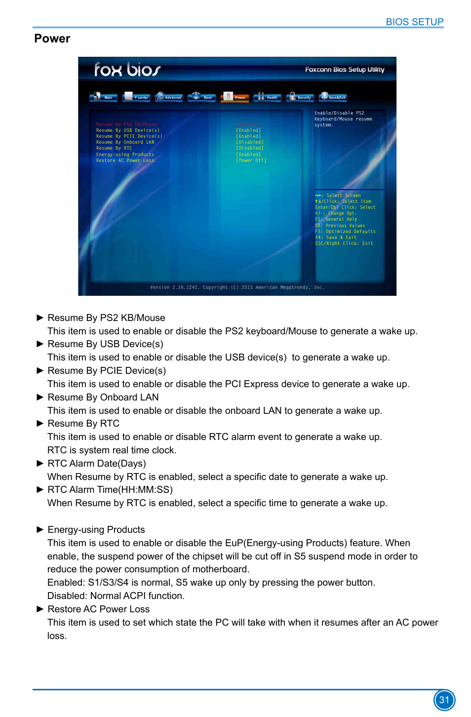 Power, Bios setup 31 | Foxconn D180S User Manual | Page 38 / 65