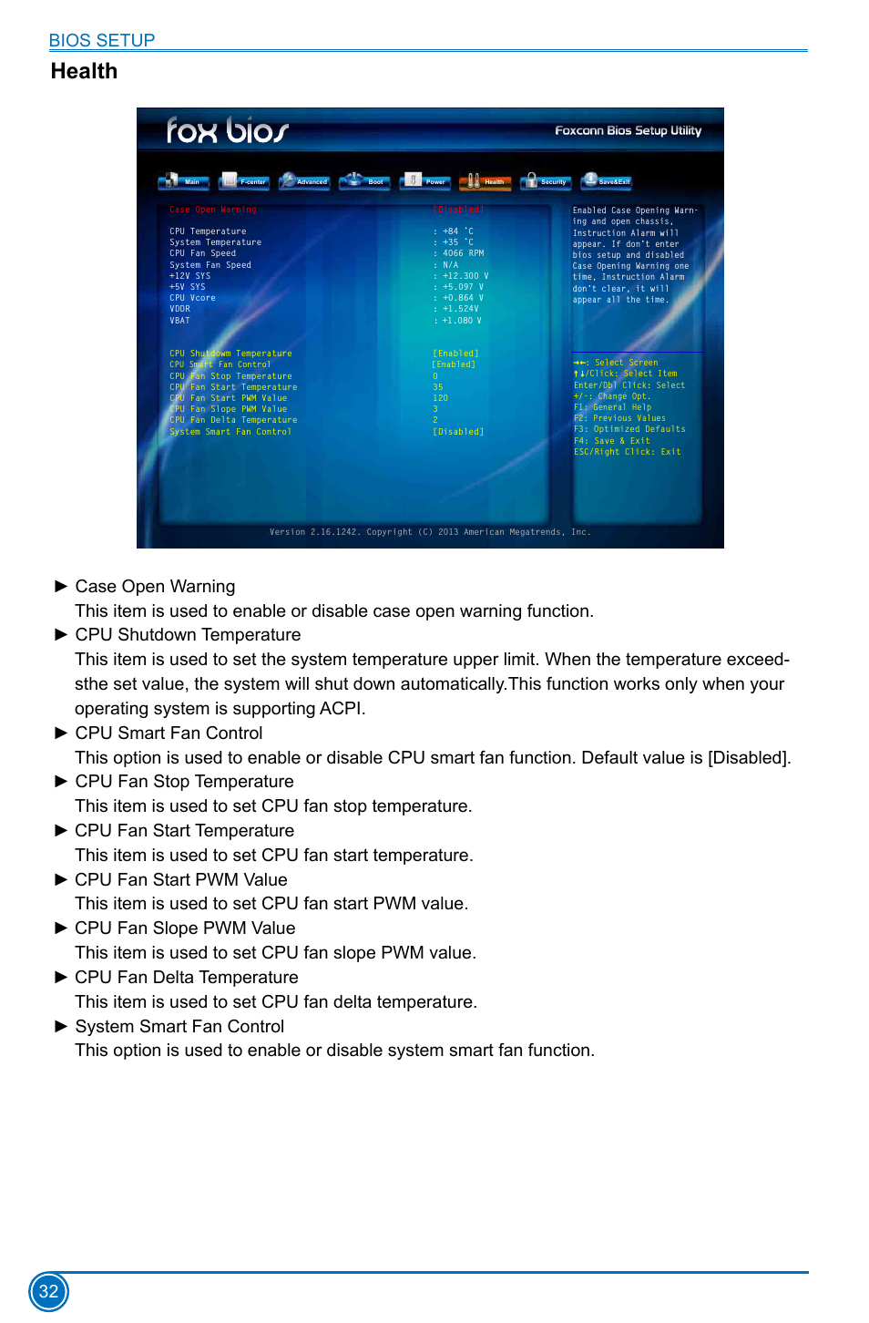 Health, Bios setup 32 | Foxconn D180S User Manual | Page 39 / 65