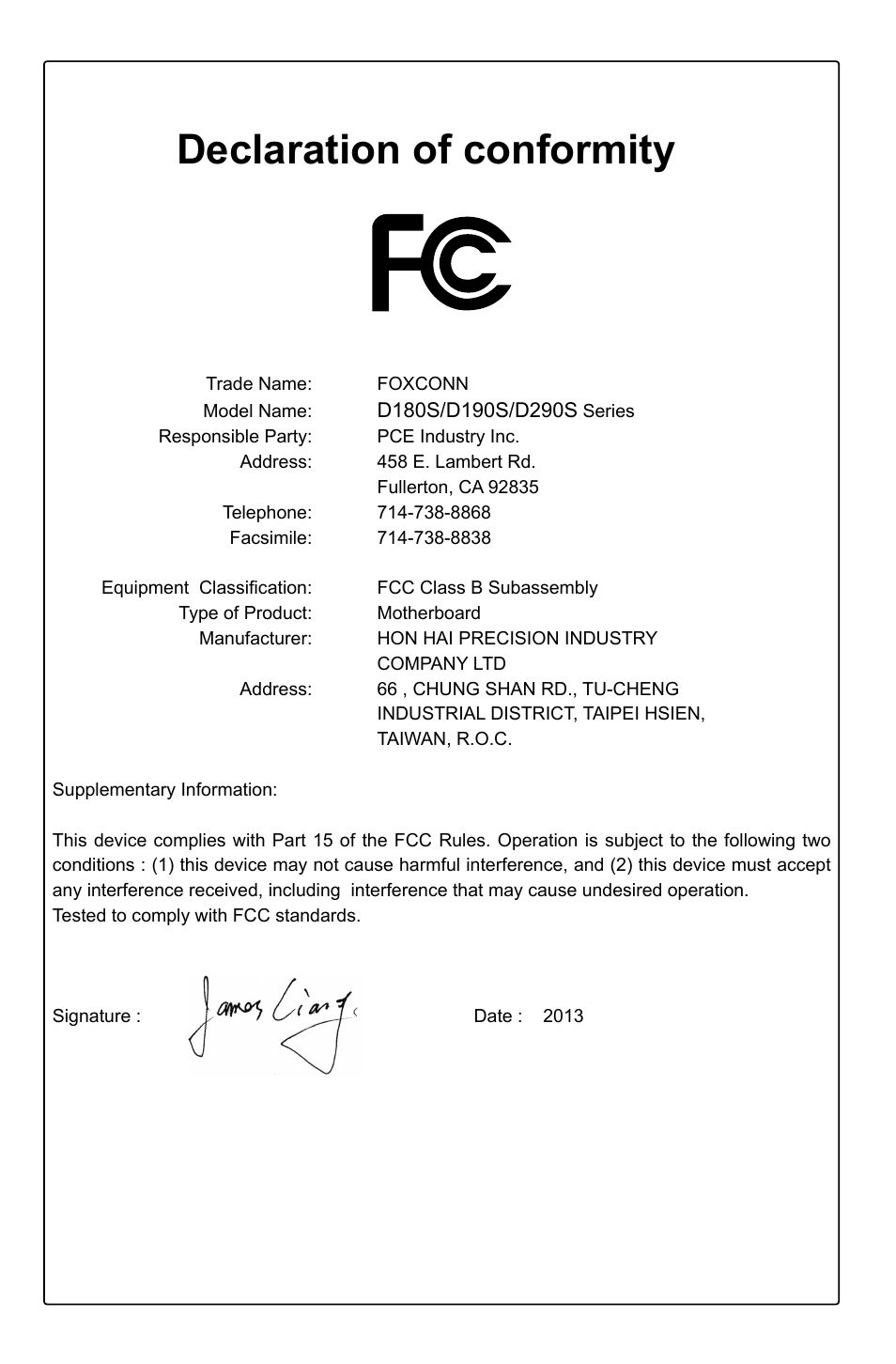 Declaration of conformity | Foxconn D180S User Manual | Page 4 / 65