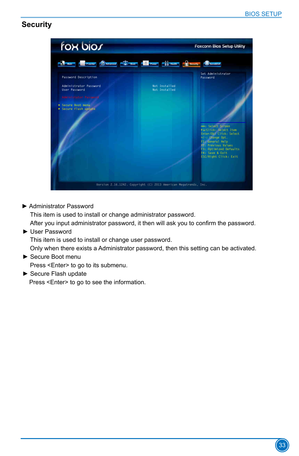 Security, Bios setup 33 | Foxconn D180S User Manual | Page 40 / 65