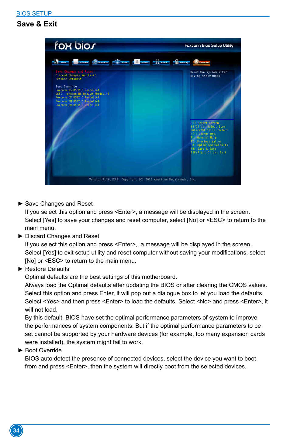 Save & exit, Bios setup 34 | Foxconn D180S User Manual | Page 41 / 65