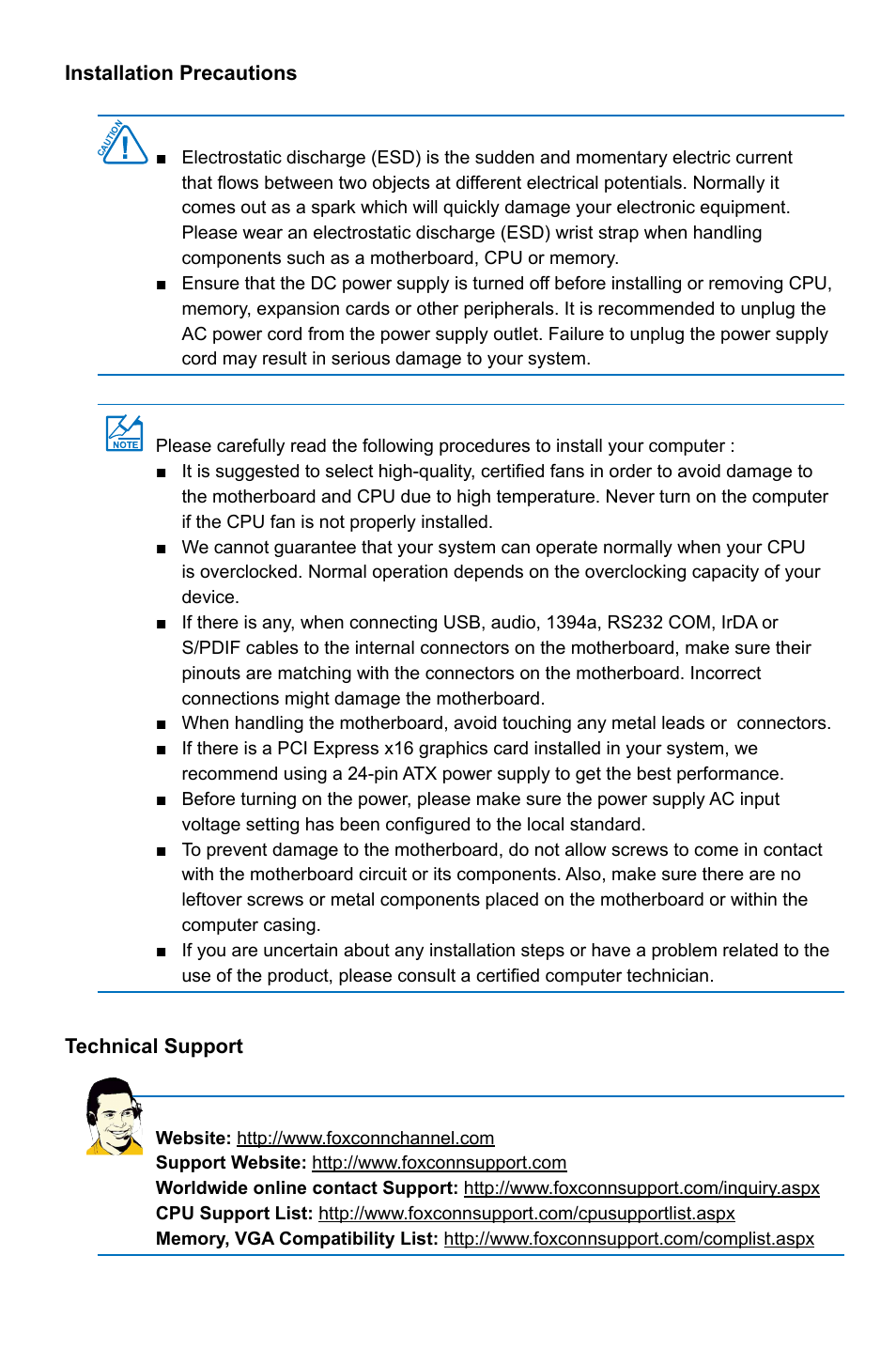 Installation precautions, Technical support | Foxconn D180S User Manual | Page 5 / 65