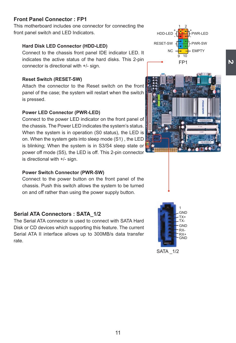 Front panel connector : fp1, Serial ata connectors : sata_1/2 | Foxconn D250S User Manual | Page 18 / 65