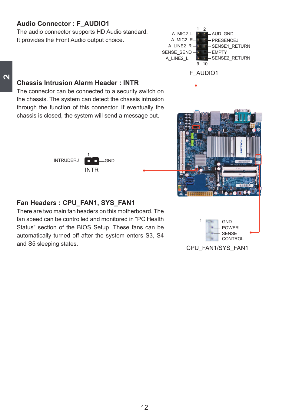 Audio connector : f_audio1, Chassis intrusion alarm header : intr, Fan headers : cpu_fan1, sys_fan1 | Foxconn D250S User Manual | Page 19 / 65