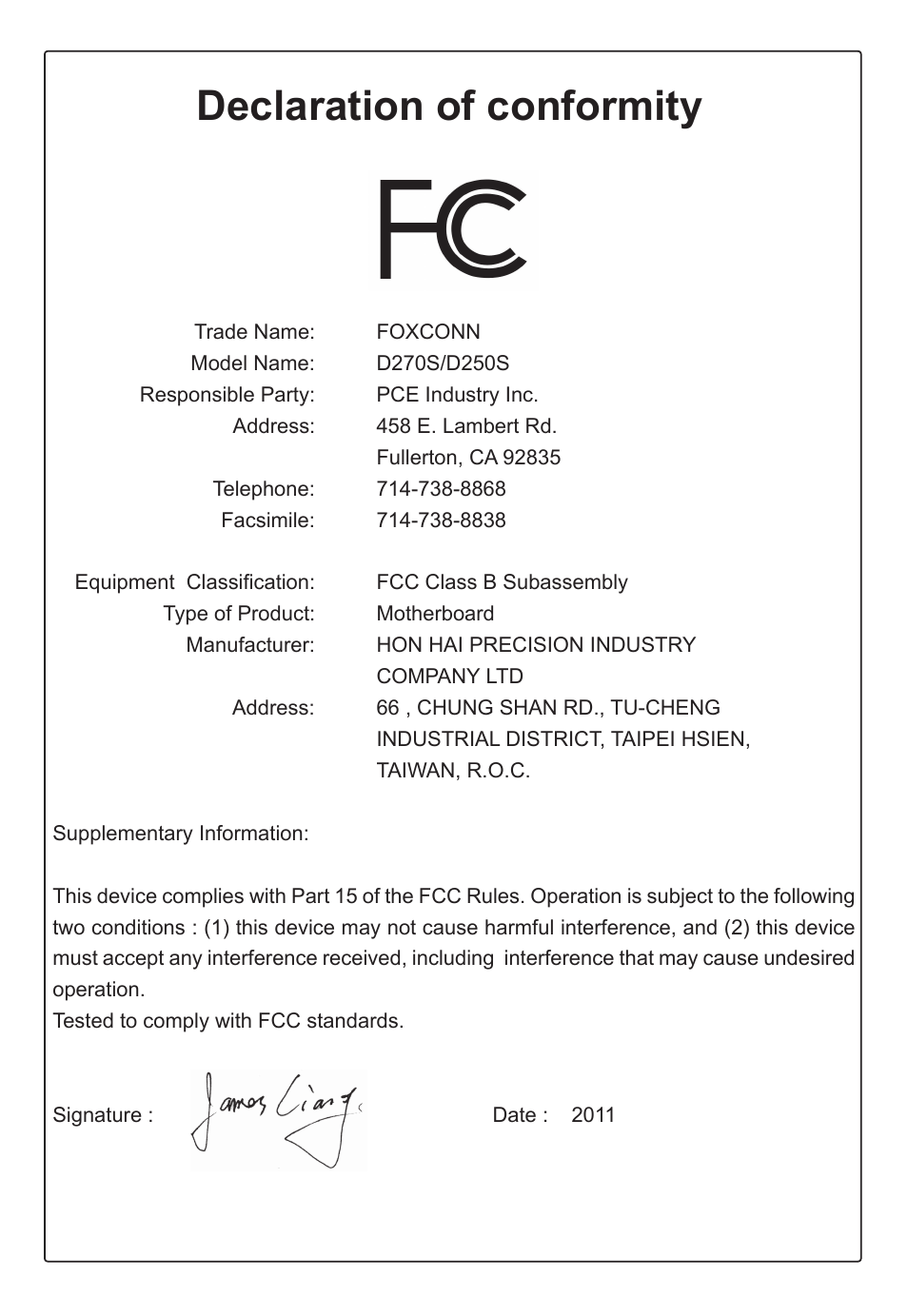 Declaration of conformity | Foxconn D250S User Manual | Page 4 / 65