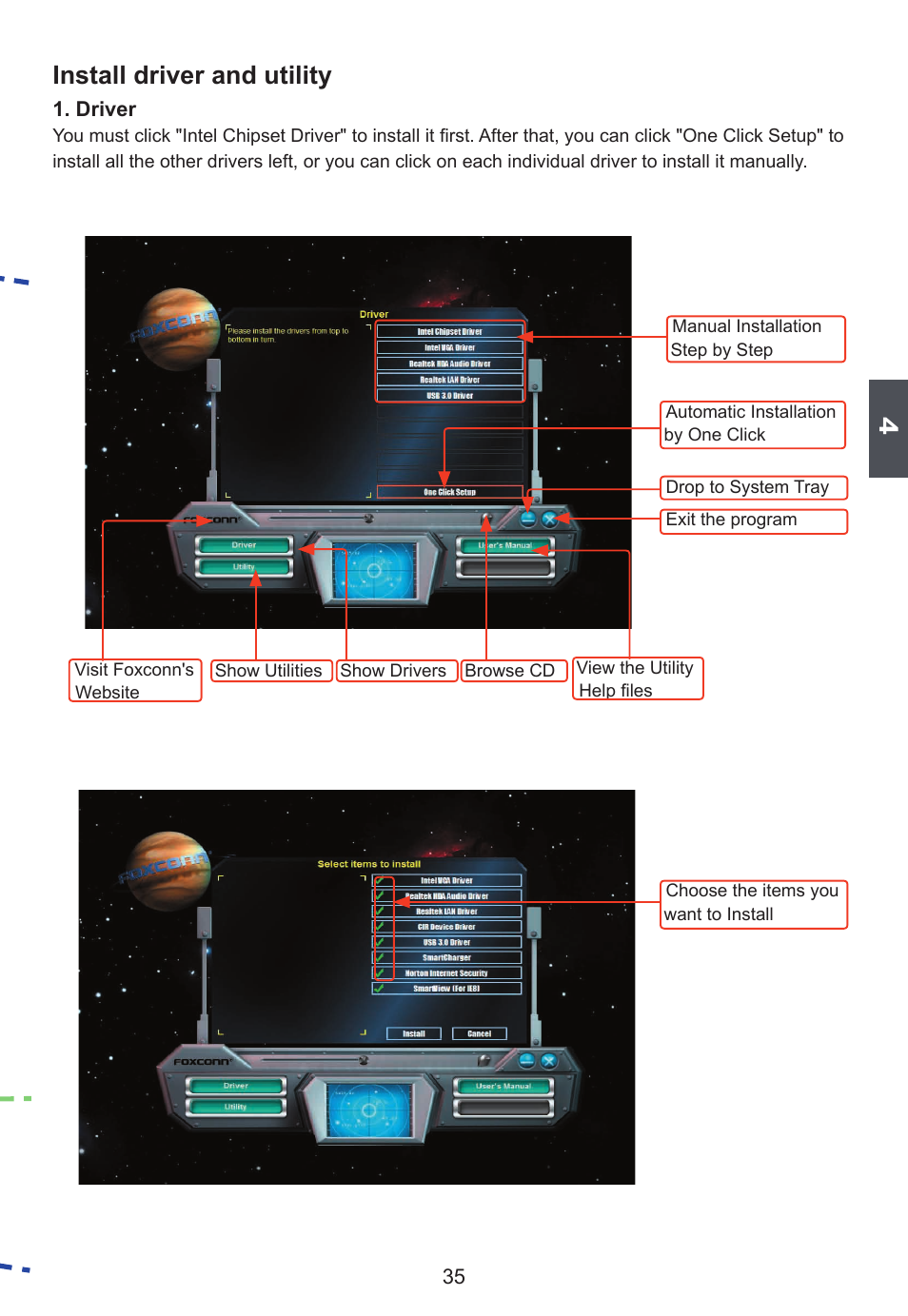 Install driver and utility | Foxconn D250S User Manual | Page 42 / 65