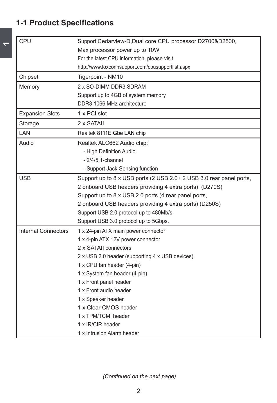 1 product specifications | Foxconn D250S User Manual | Page 9 / 65