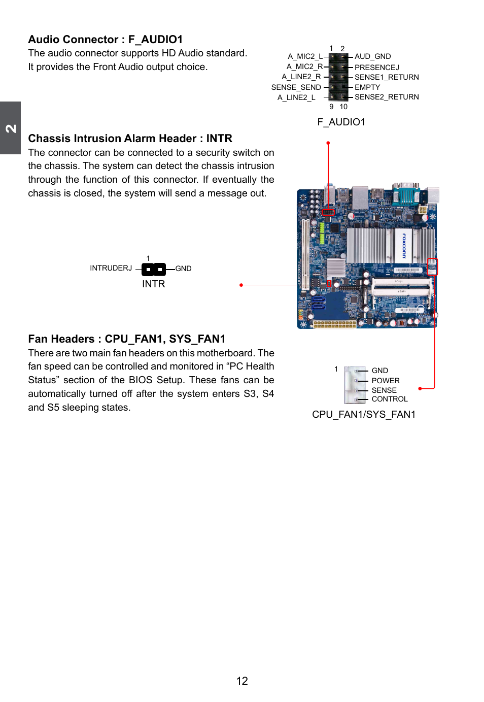 Audio connector : f_audio1, Chassis intrusion alarm header : intr, Fan headers : cpu_fan1, sys_fan1 | Foxconn D255 User Manual | Page 19 / 65