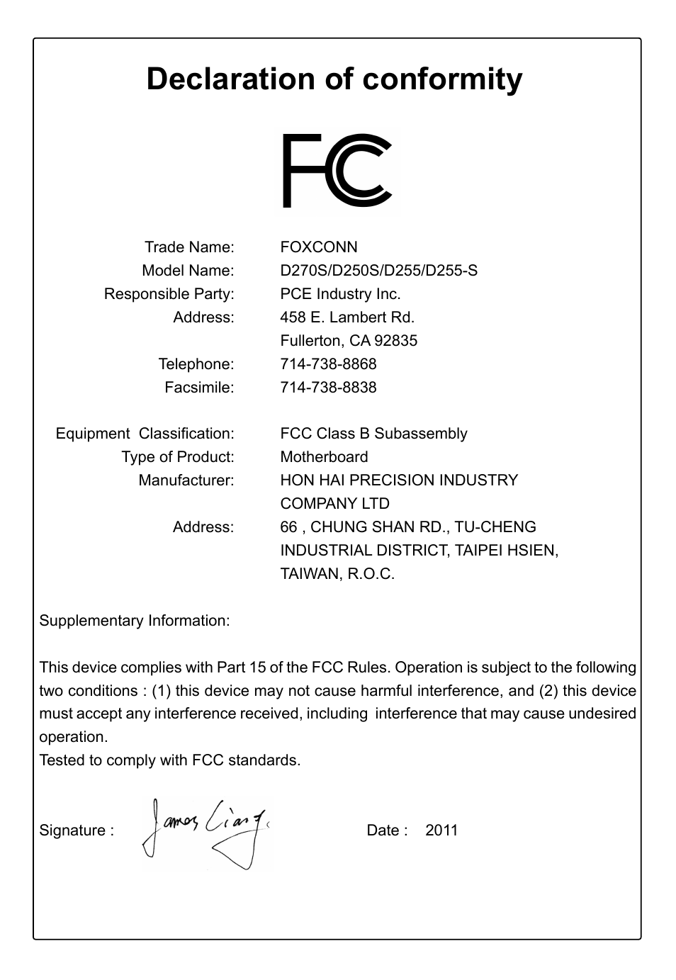 Declaration of conformity | Foxconn D255 User Manual | Page 4 / 65