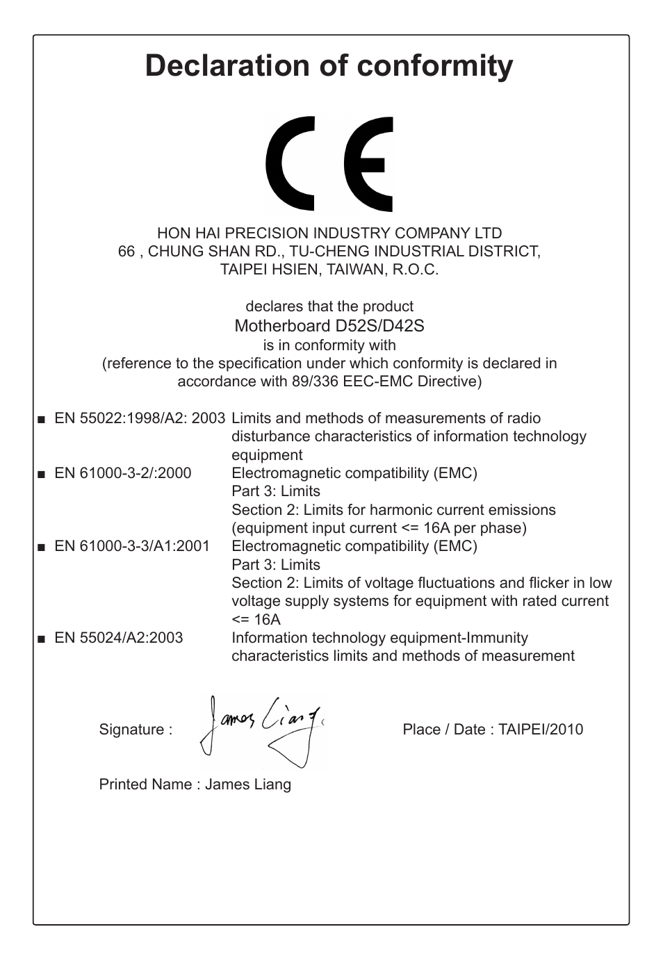 Declaration of conformity | Foxconn D42S User Manual | Page 3 / 68