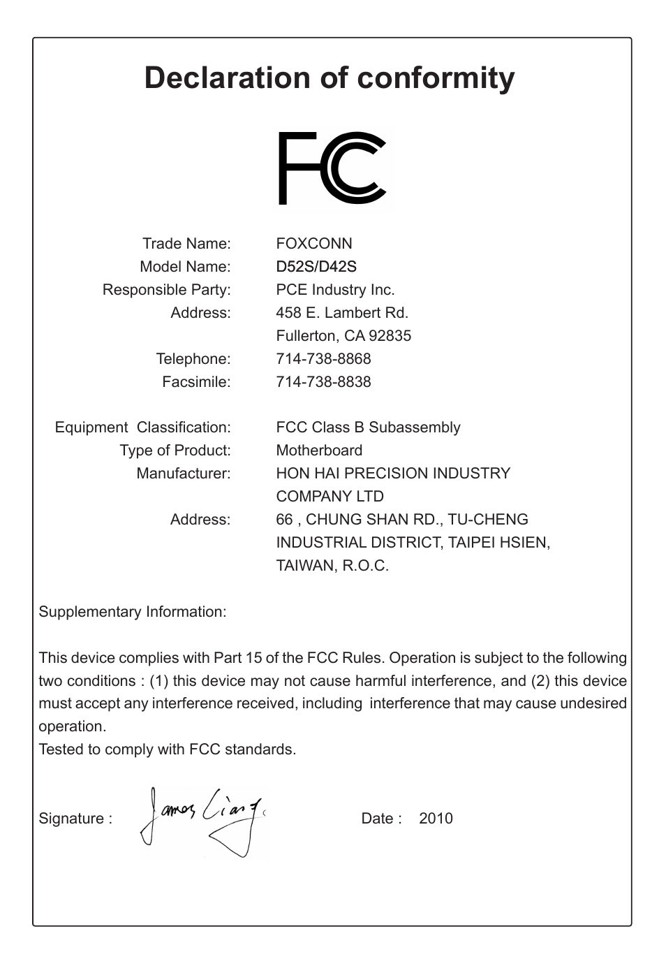 Declaration of conformity | Foxconn D42S User Manual | Page 4 / 68