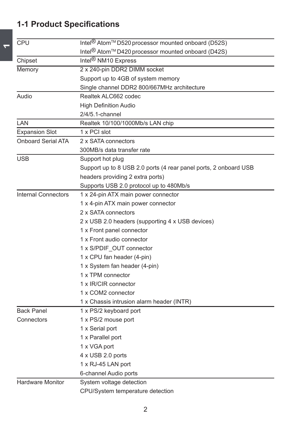 1 product specifications | Foxconn D42S User Manual | Page 9 / 68