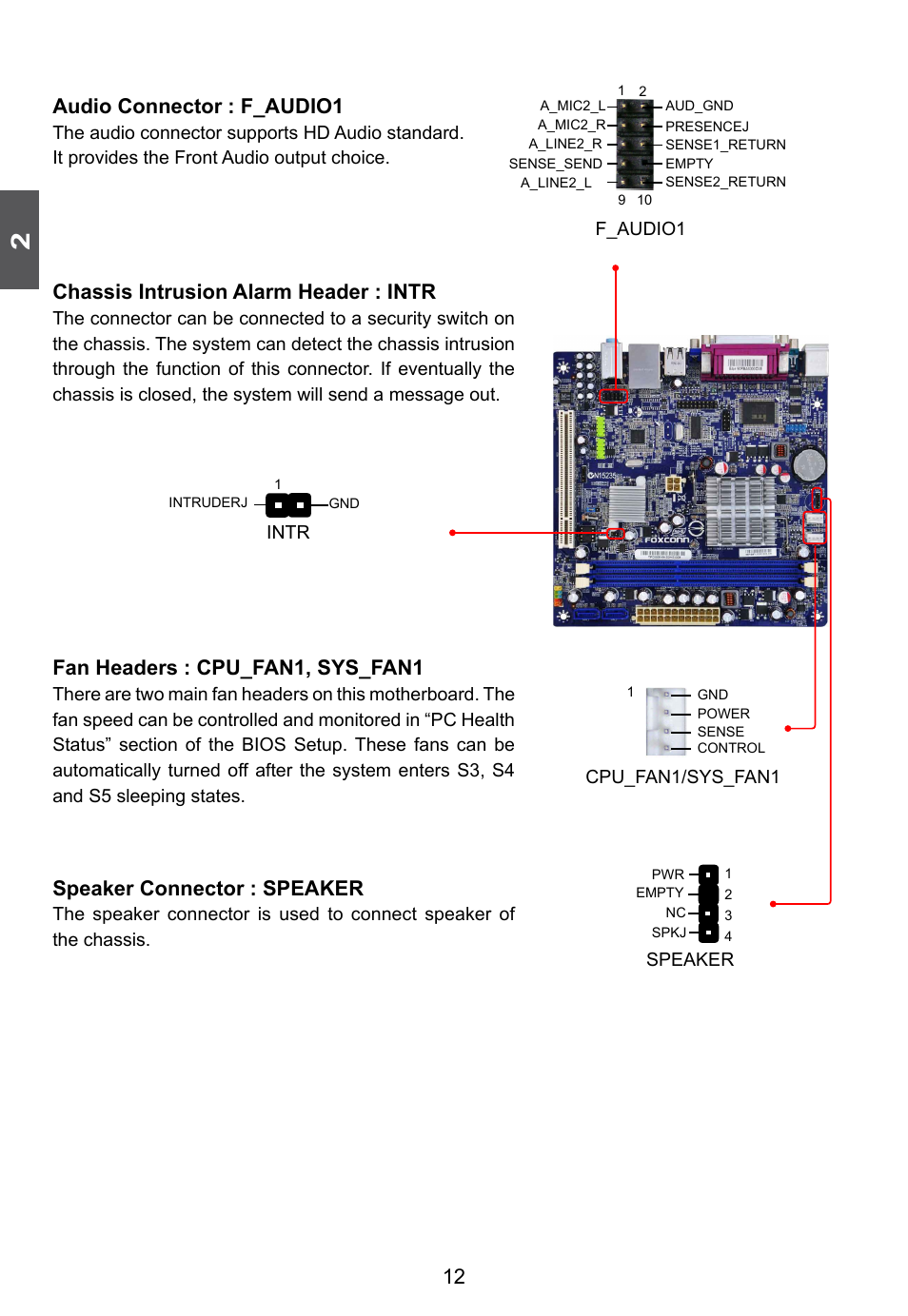 Audio connector : f_audio1, Chassis intrusion alarm header : intr, Fan headers : cpu_fan1, sys_fan1 | Speaker connector : speaker | Foxconn D42S 3.0 User Manual | Page 19 / 43