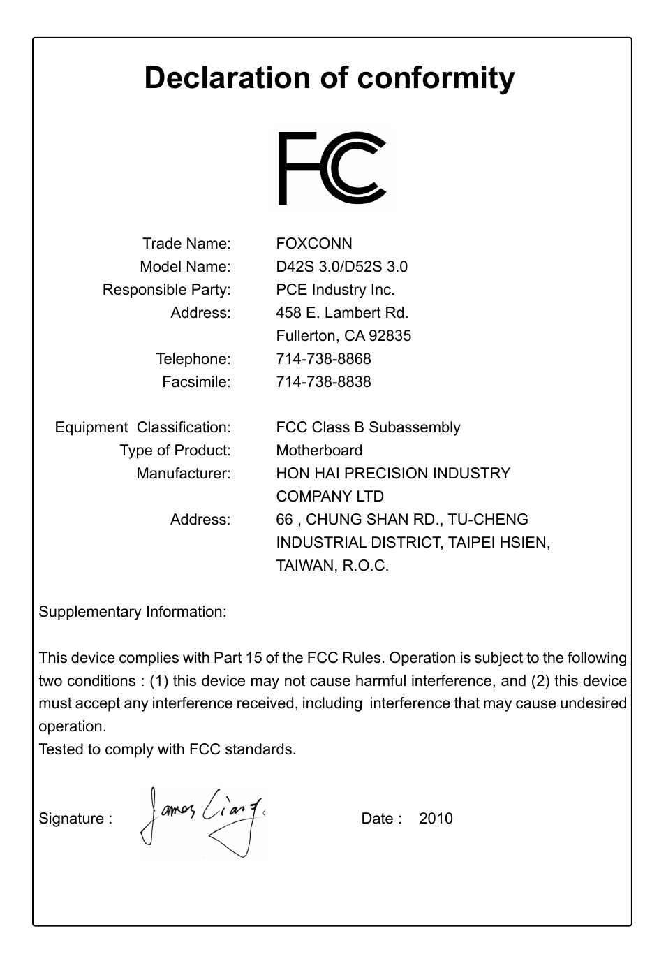 Declaration of conformity | Foxconn D42S 3.0 User Manual | Page 4 / 43