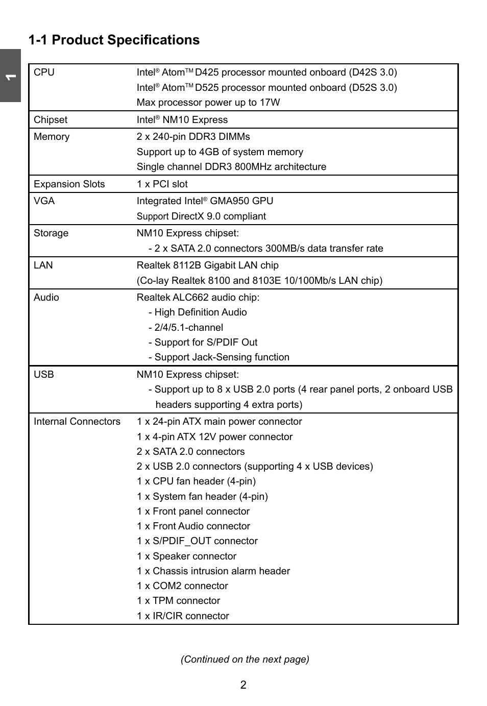 1 product specifications | Foxconn D42S 3.0 User Manual | Page 9 / 43