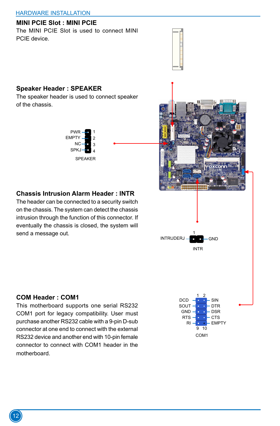 Mini pcie slot : mini pcie, Speaker header : speaker, Chassis intrusion alarm header : intr | Com header : com1 | Foxconn D70S Series User Manual | Page 19 / 65