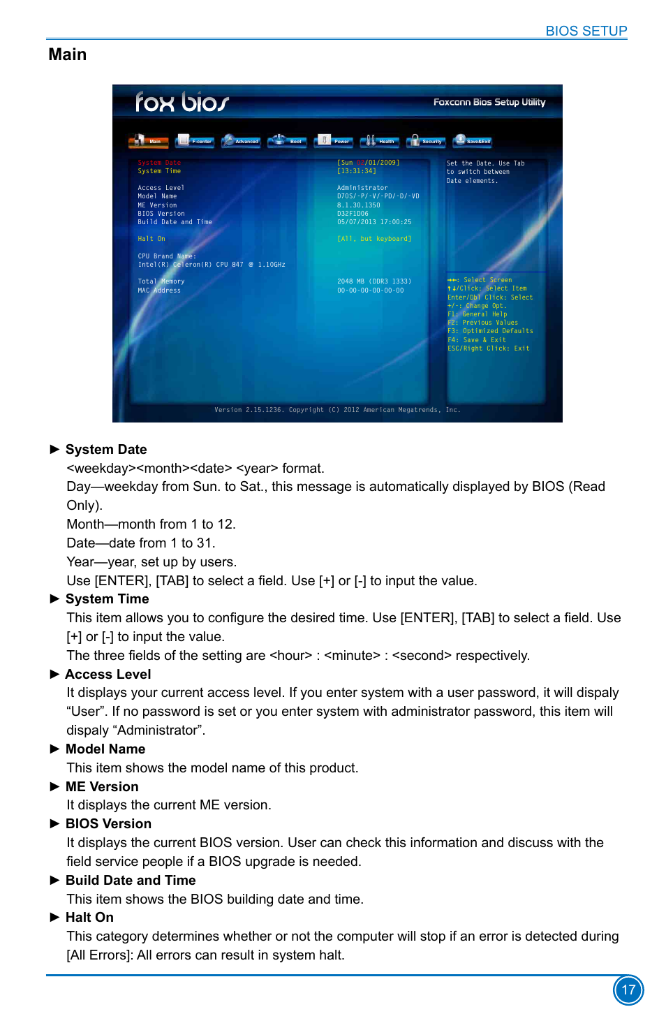 Main, Bios setup 17 | Foxconn D70S Series User Manual | Page 24 / 65