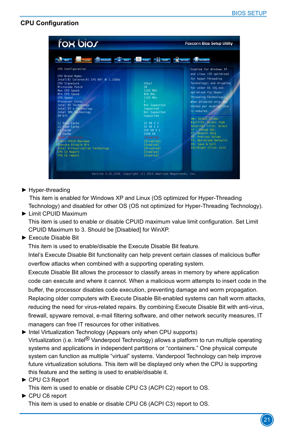 Cpu configuration, Bios setup 21 | Foxconn D70S Series User Manual | Page 28 / 65