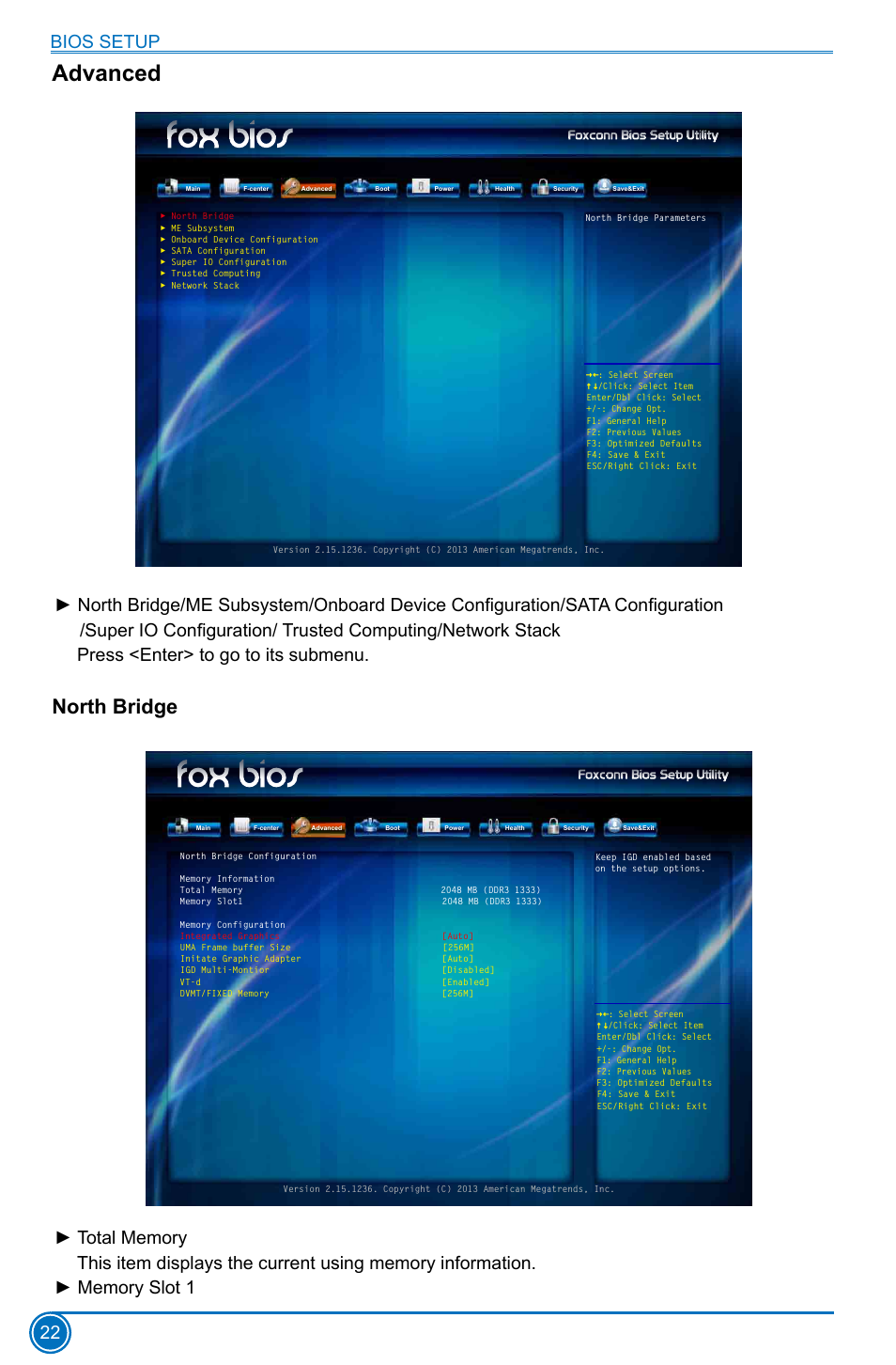 Advanced, North bridge, Bios setup 22 | Foxconn D70S Series User Manual | Page 29 / 65